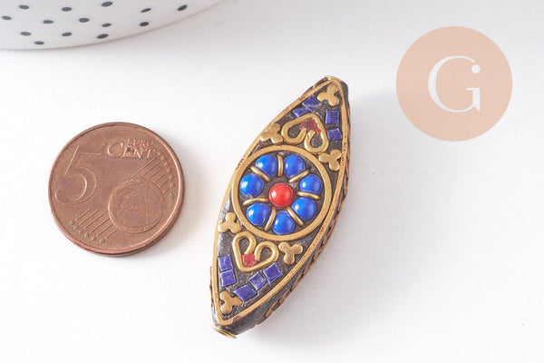 Perles Indonésiennes manuelles, avec les accessoires en laiton, oeil de cheval, or, bleu x1 (G5755)