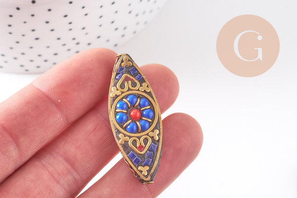 Perles Indonésiennes manuelles, avec les accessoires en laiton, oeil de cheval, or, bleu x1 (G5755)