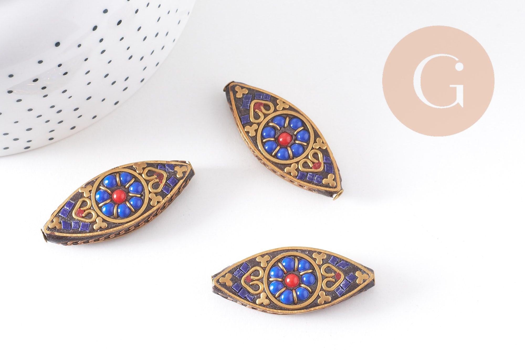 Perles Indonésiennes manuelles, avec les accessoires en laiton, oeil de cheval, or, bleu x1 (G5755)