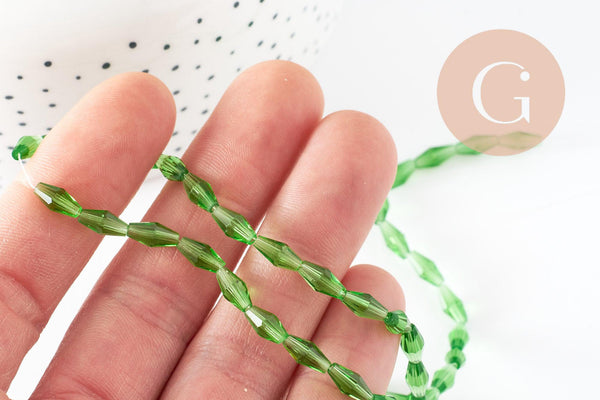 Perles Losange verre transparente facettée vert foncé 8x4mm, perle verre verte, cristal, fil de 58cm, x1 (G7446)