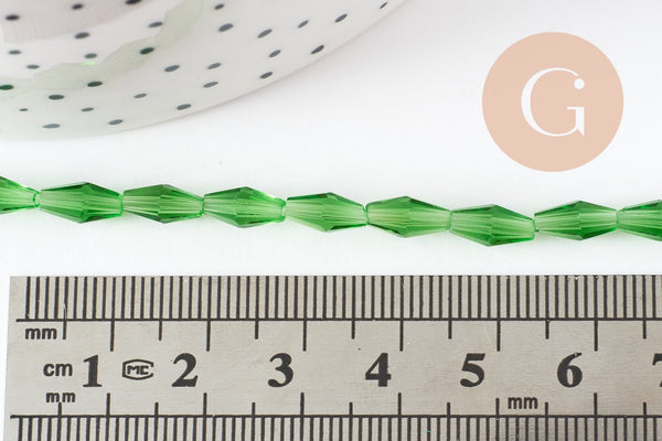 Perles Losange verre transparente facettée vert foncé 8x4mm, perle verre verte, cristal, fil de 58cm, x1 (G7446)