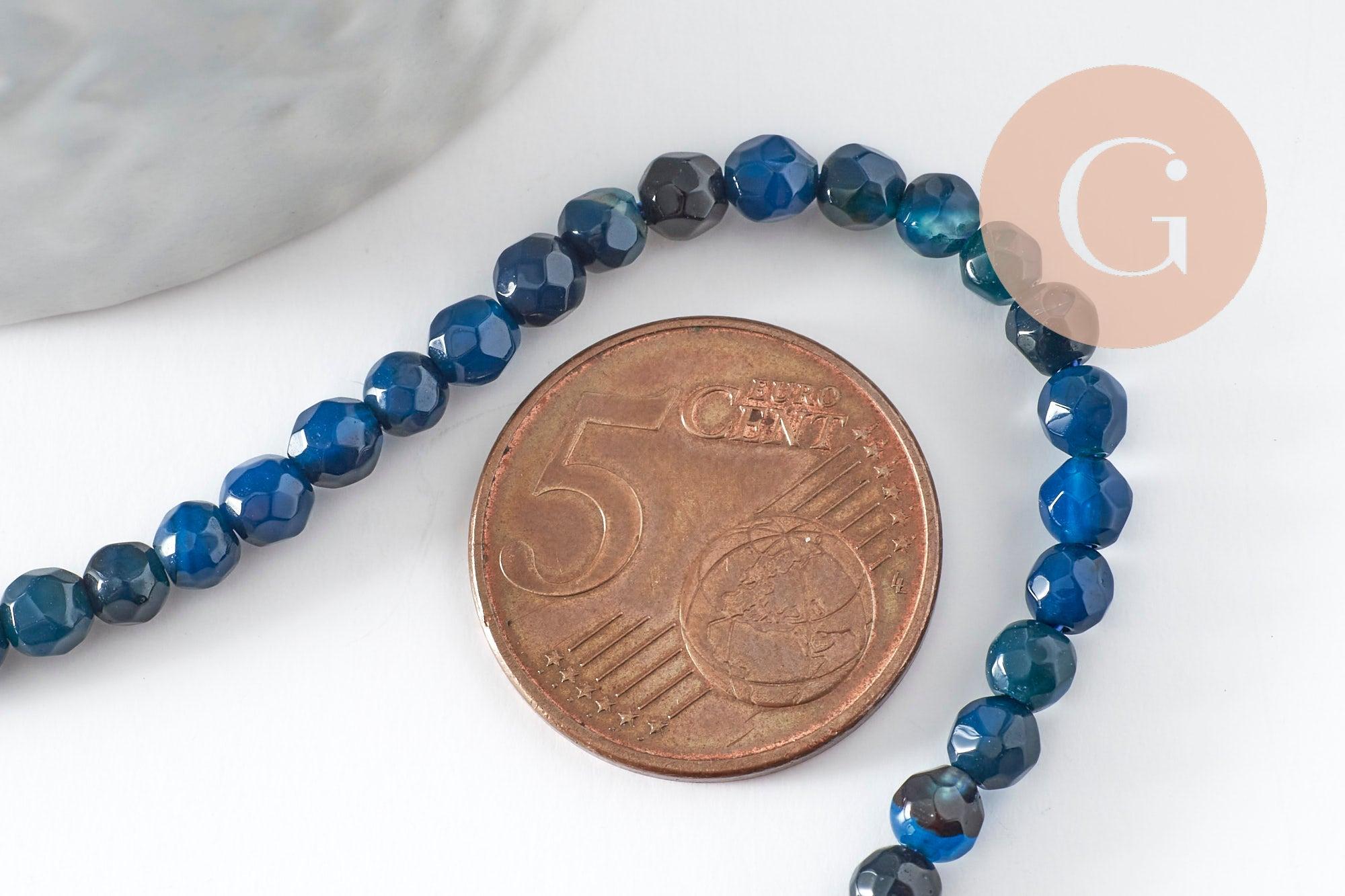 Perles Rondes facettées agate bleue foncée 4mm, perle agate naturelle, pierre gemme, perle facette,4mm,fil de 37cm x1 (G1087)