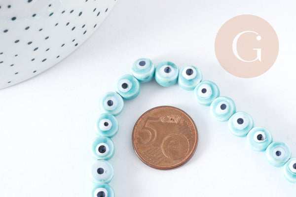 Perles Rondes plates porcelaine bleu clair mauvais œil bleu 8x5mm, création bijoux chance, x10 G8899