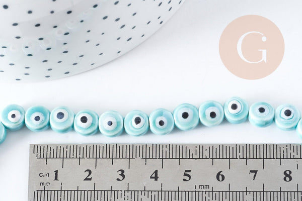 Perles Rondes plates porcelaine bleu clair mauvais œil bleu 8x5mm, création bijoux chance, x10 G8899