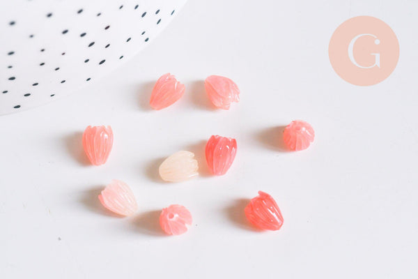 Perles bourgeon fleur résine rose 8.5x7mm,perle , x10 (G7084)