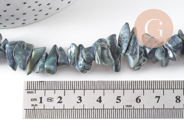 Perles chips de coquillage noir, coquillage naturel, 75 perles, fil de 40 cm, x1 (G1052)