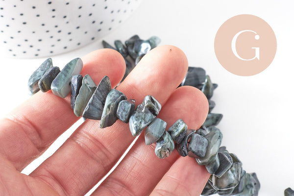 Perles chips de coquillage noir, coquillage naturel, 75 perles, fil de 40 cm, x1 (G1052)