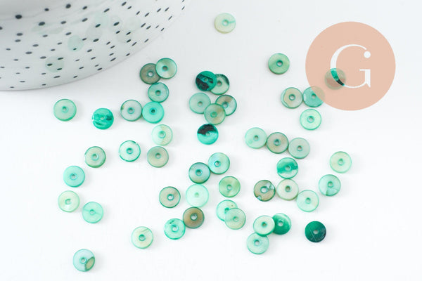 Perles coquillage naturel heishi teinté vert 6mm,rondelle coquillage, x50 G5573