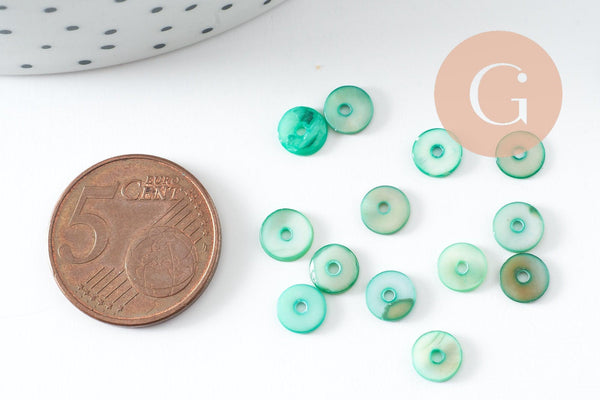 Perles coquillage naturel heishi teinté vert 6mm,rondelle coquillage, x50 G5573