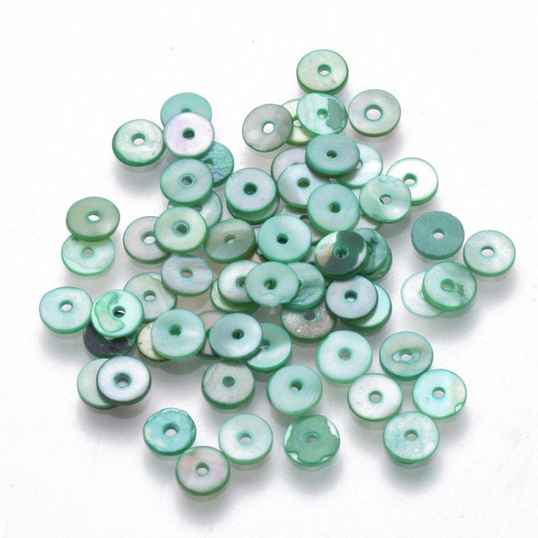 Perles coquillage naturel heishi teinté vert 6mm,rondelle coquillage, x50 G5573