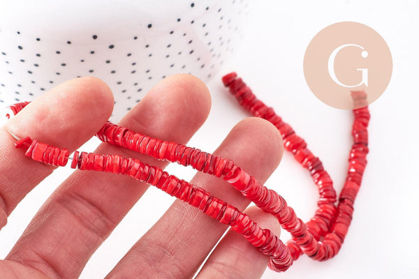 Perles coquillage rouge naturel heishi 5-6mm,x1 fil de 40cm (G1813)