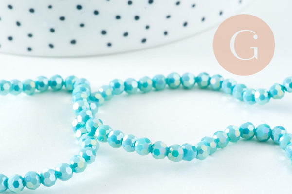 Perles cristal ronde facetté turquoise irisé 4mm, x1 fil de 32cm (G10725)