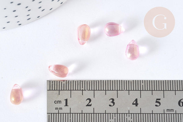 Perles cristal transparent goutte rose paillettes dorée 9mm, perles goutte, 9mm x50 (G7285)