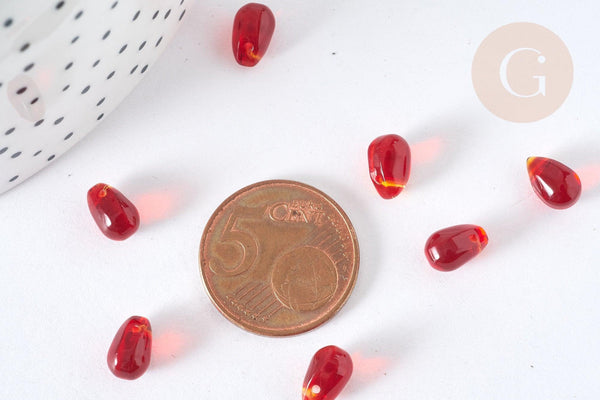 Perles cristal transparent goutte rouge 9mm, verre,x50 (G7296)