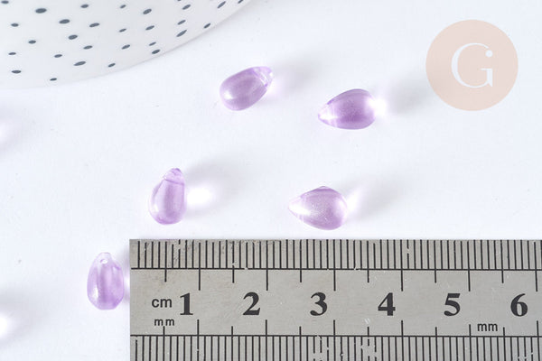 Perles cristal violet transparent goutte paillettes dorées 9mm, création bijoux verre, x50 (G7284)