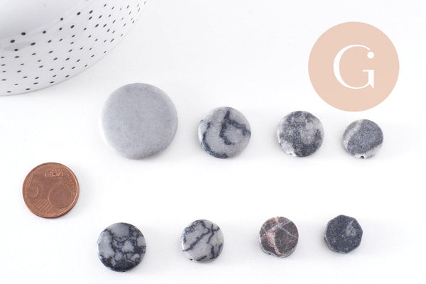 Perles disque jaspe naturel gris marbré 11-26mm, x5 (G10147)