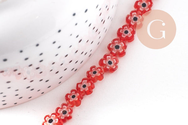 Perles fleurs verre millefiori artisanal 6.5-9mm, x1 fil de 40cm (G10493)