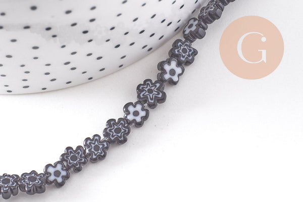 Perles fleurs verre millefiori artisanal 6.5-9mm, x1 fil de 40cm (G10493)