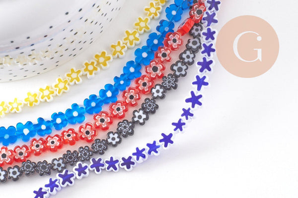 Perles fleurs verre millefiori artisanal 6.5-9mm, x1 fil de 40cm (G10493)