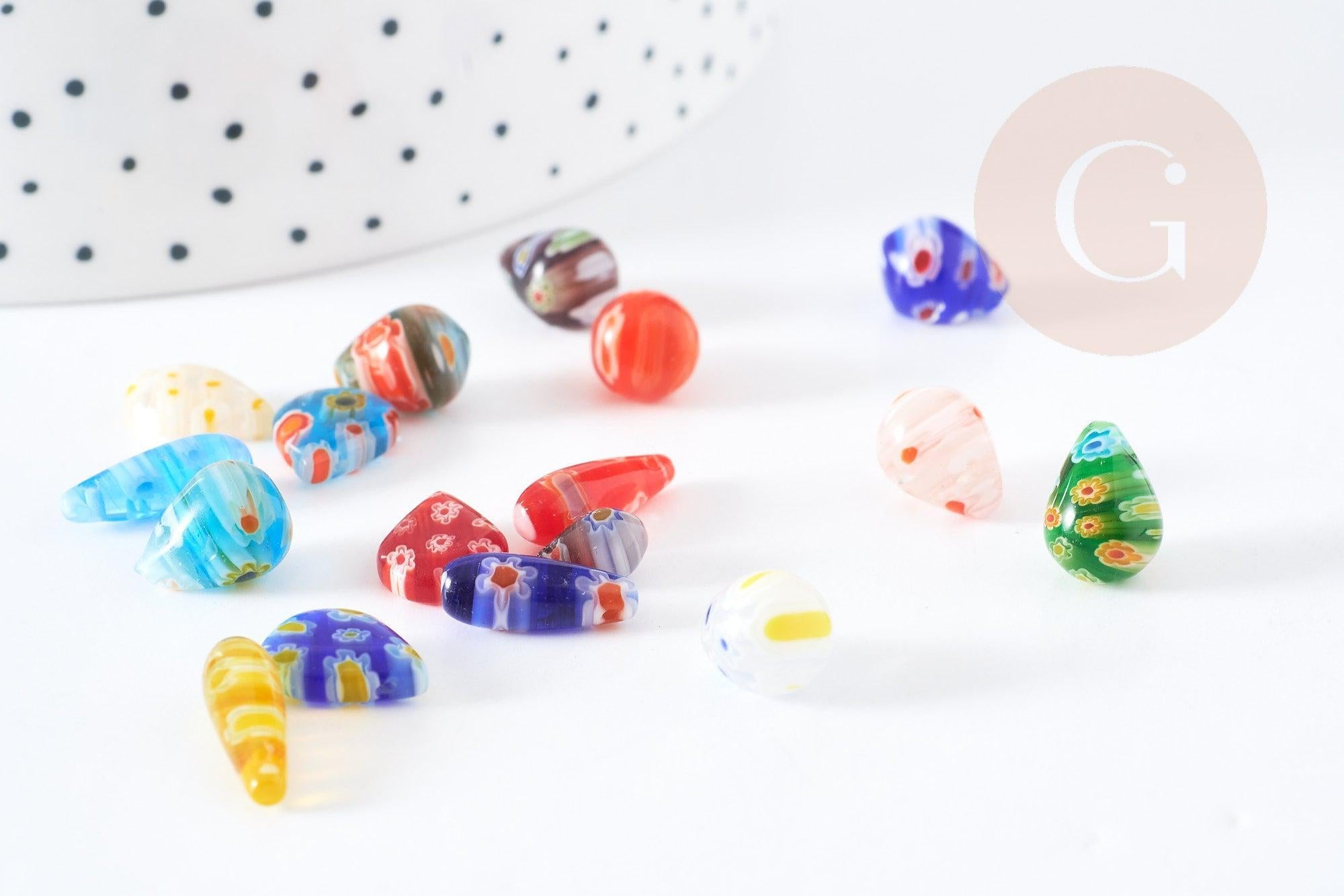 Perles goutte verre millefiori 10-17mm, perle verre artisanale verre pour création bijoux, x5 (G1943)