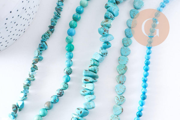 Perles howlite naturelle turquoise 12-14-16-18mm, x1 fil de 37cm (G1851)