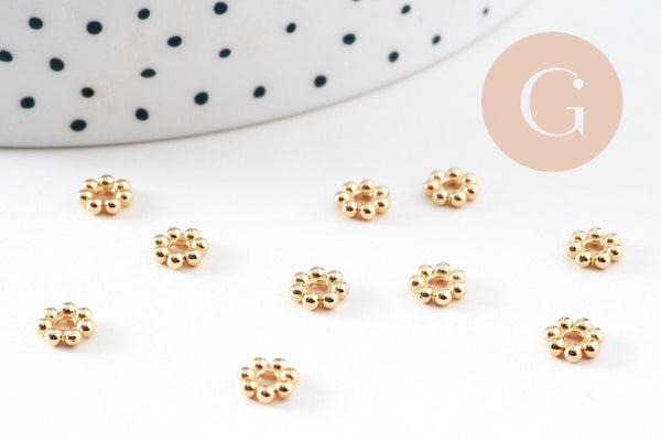 Perles intercalaires rondelles fleurs acier 304 inoxydable doré 18K 6mm, x10 (G10905)