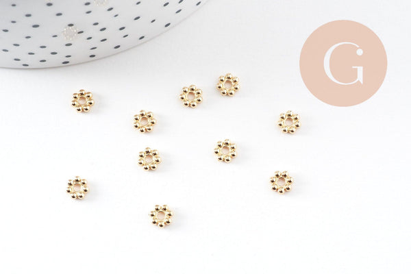 Perles intercalaires rondelles fleurs acier 304 inoxydable doré 18K 6mm, x10 (G10905)