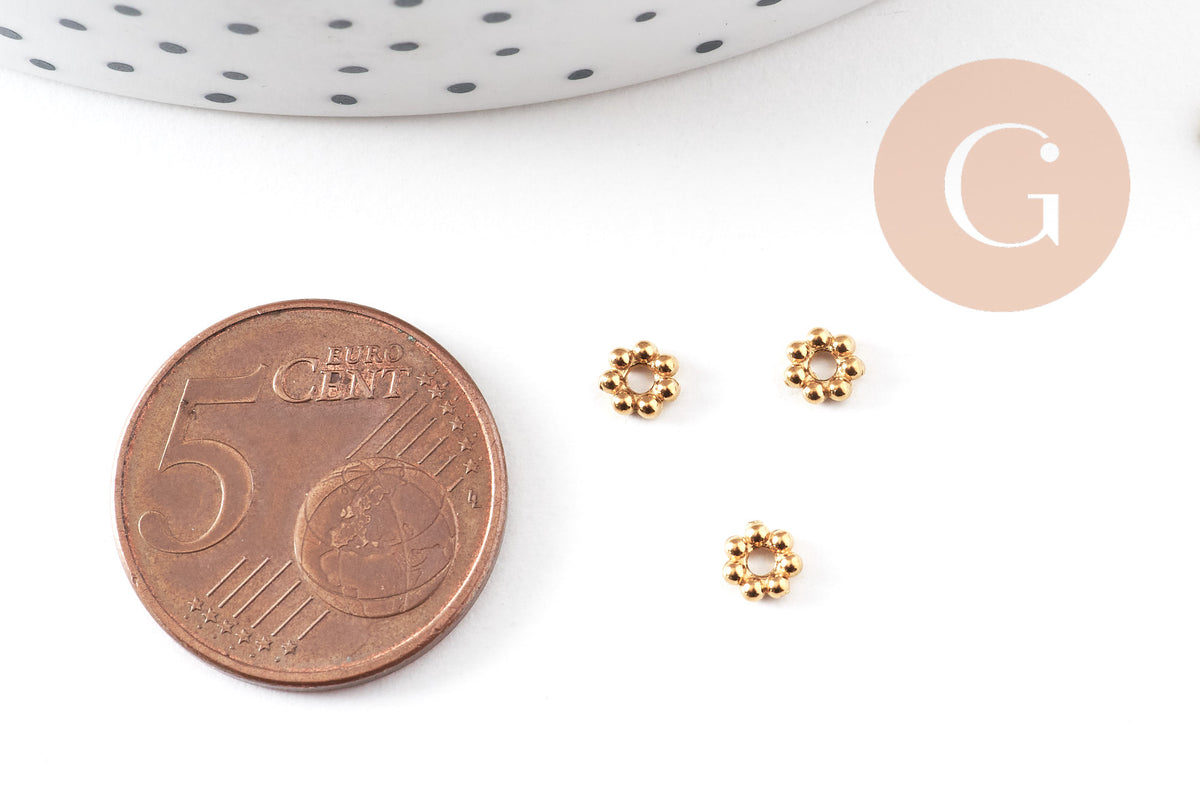 Perles intercalaires Rondelles fleurs acier 304 inoxydable doré IP 4mm, x10 (G10892)