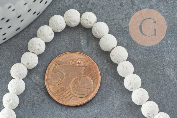 Perles lave naturelle blanche 6mm, x1 fil de 38cm (G1289)