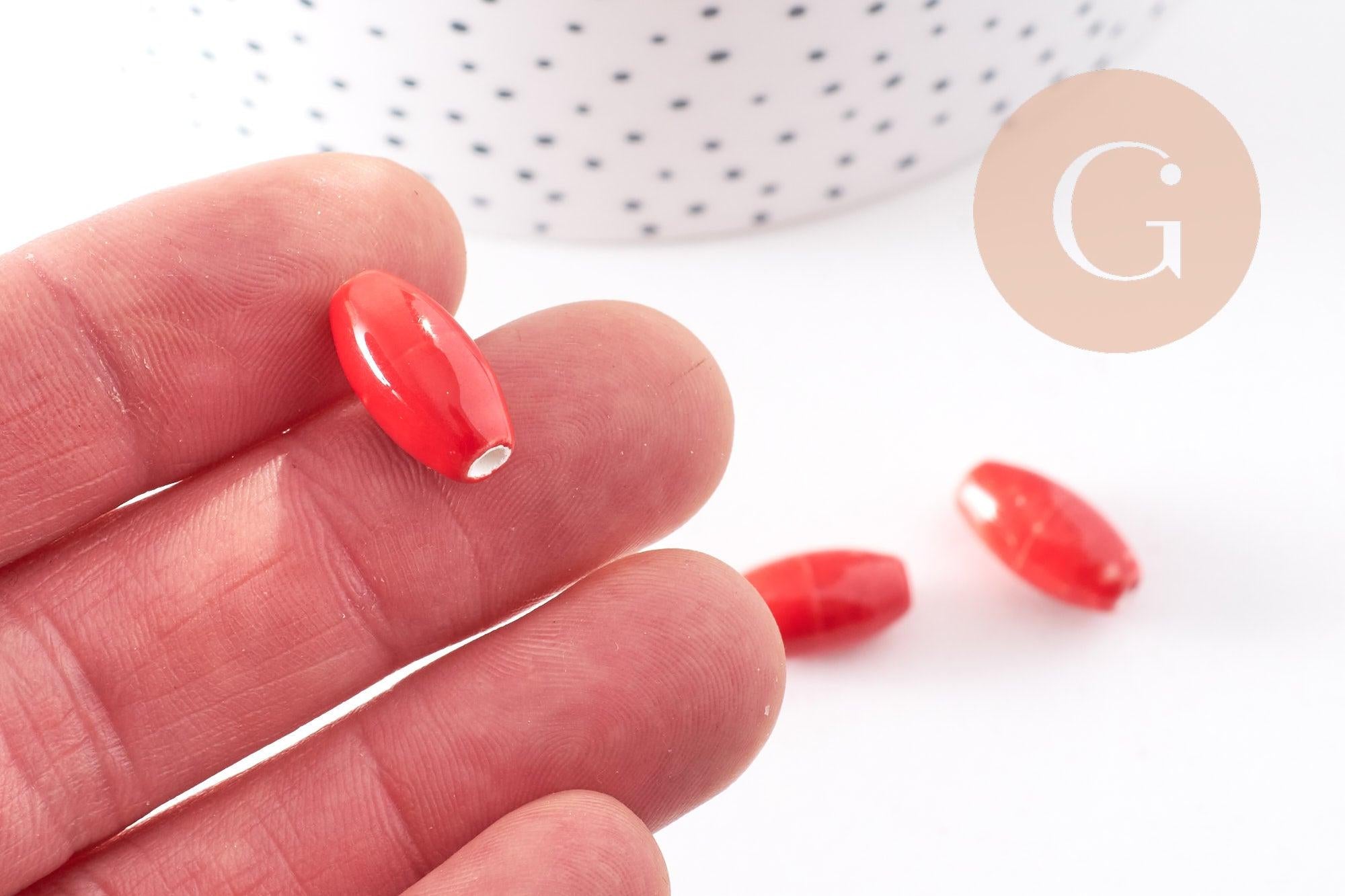 Perles ovales porcelaine rouge,perles céramique, porcelaine émaillée, 1.6cm, x5 (G5380)