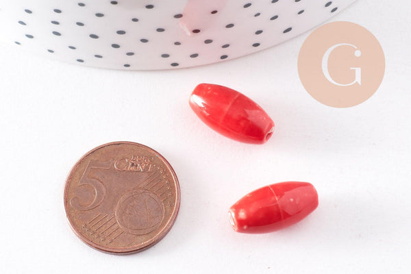 Perles ovales porcelaine rouge,perles céramique, porcelaine émaillée, perle ovales, création bijoux, 1.6cm, x5 G5380