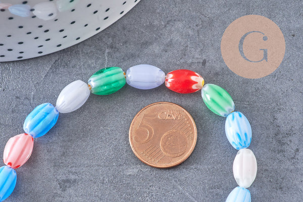 Perles ovales verre millefiori artisanal 12mm, x1 fil de 38cm (G10812)