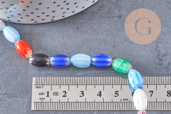 Perles ovales verre millefiori artisanal 12mm, x1 fil de 38cm (G10812)