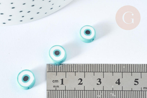 Perles polymère rondes plates bleu ciel mauvais oeil 10,5-12mm, x5 (G7203)