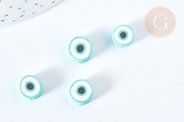 Perles polymère rondes plates bleu ciel mauvais oeil 10,5-12mm, x5 (G7203)