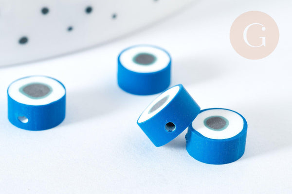 Perles polymère rondes plates bleu royal mauvais oeil 10,5-12mm, x5 (G7204)