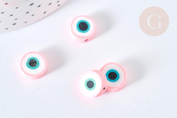 Perles polymère rondes plates rose mauvais oeil 10,5-12mm, bijoux fantaisie DIY chance, x5 (G7202)