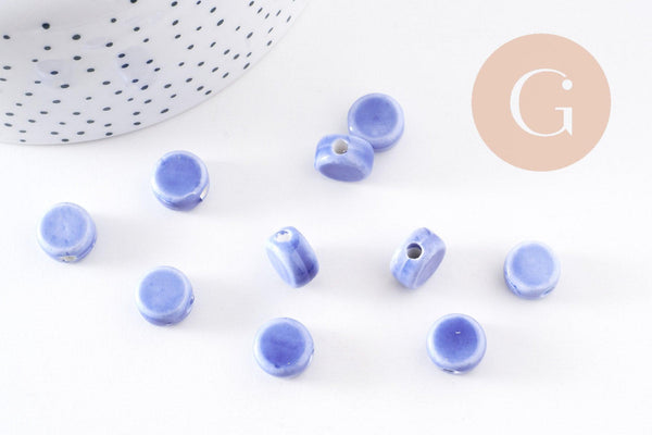 Perles porcelaine émail bleu, perle céramique, perle porcelaine,perle disque, céramique bleue,12mm, x10 G5363