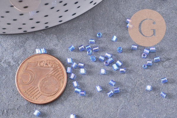Perles rocaille Tube bleu irisé 2.5-3mm, x10gr (G10396)
