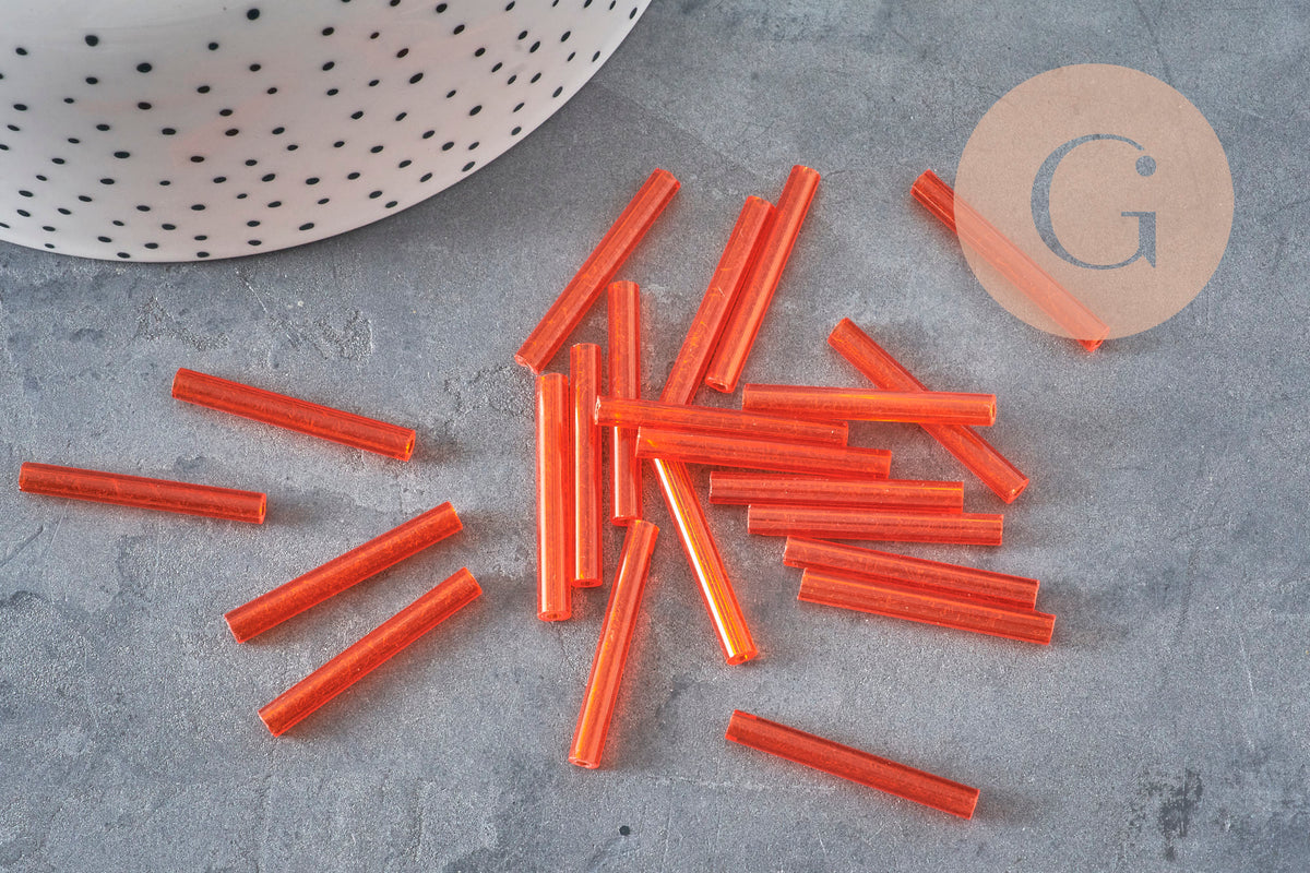 Tube seed beads, orange seed beads, orange glass, long tube, orange tube bead, 28mm, x 10gr G4392