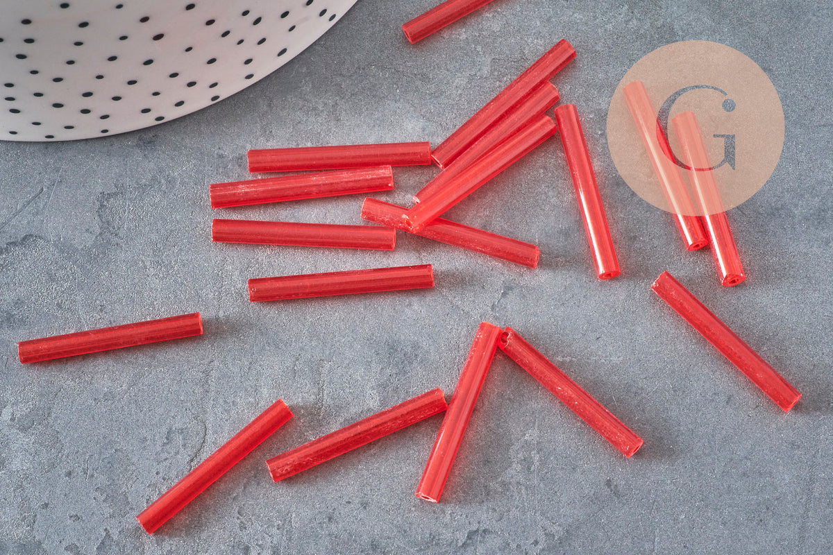 Tube seed beads, red seed beads, red glass, long tube, red tube bead, 28mm, x 10gr G4390