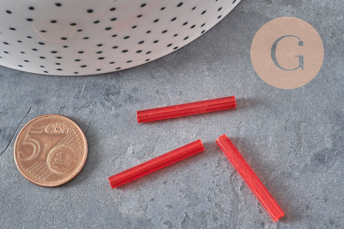 Tube seed beads, red seed beads, red glass, long tube, red tube bead, 28mm, x 10gr G4390