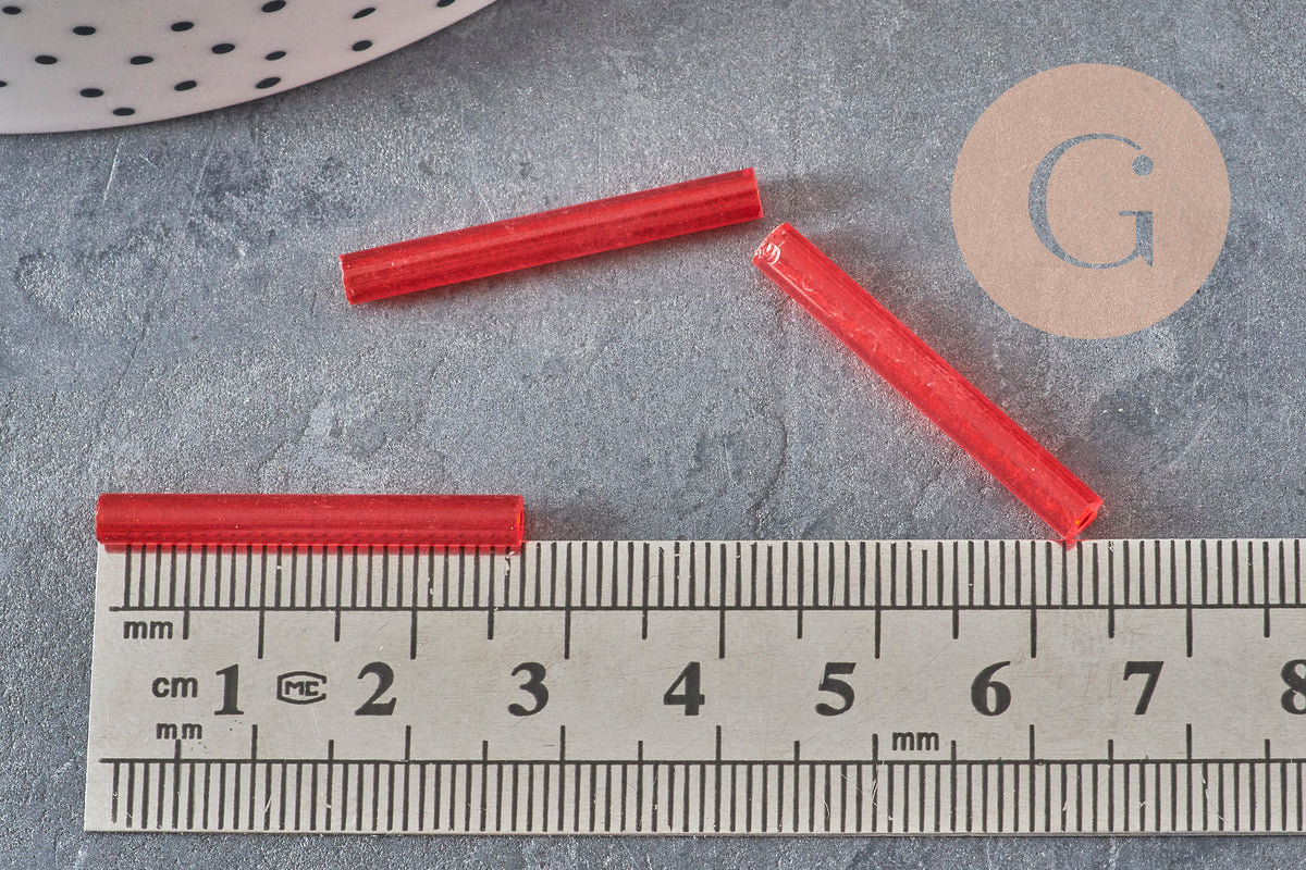 Tube seed beads, red seed beads, red glass, long tube, red tube bead, 28mm, x 10gr G4390