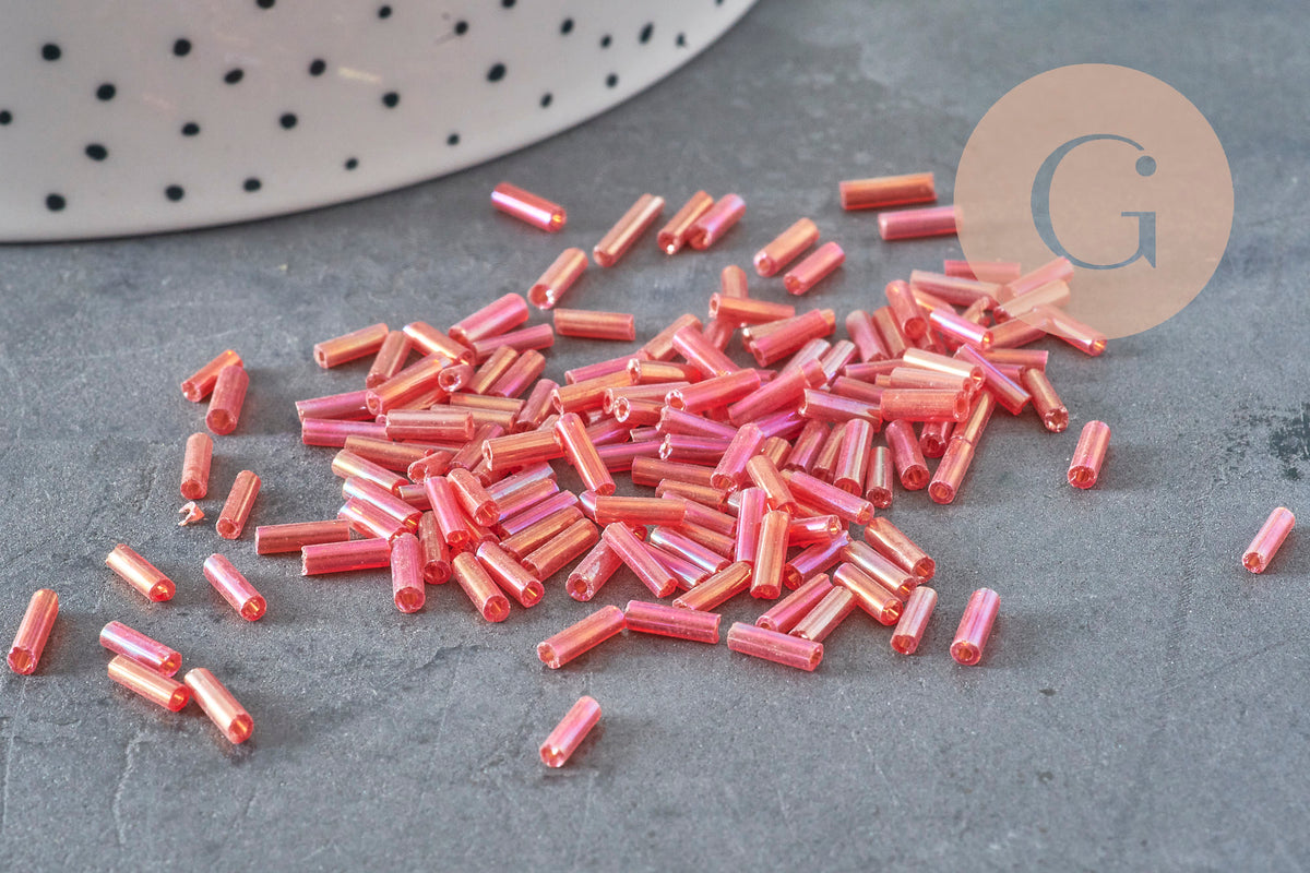 Cuentas de semillas de tubo rojo iridiscente, cuentas de tubo, cuentas de semillas rojas, cuentas rojas iridiscentes, 6 mm x 2 mm, x 5 gr G0666