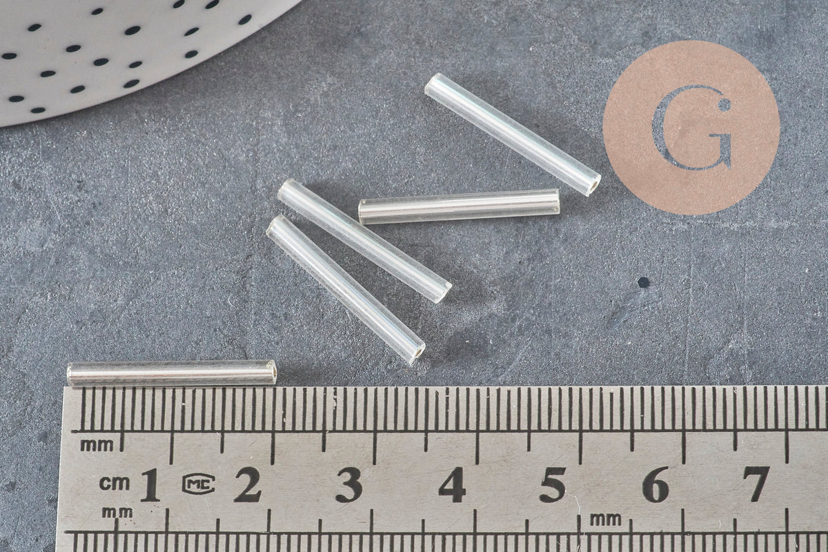 Seed beads Tube glass metallic silver 20mm x 2.5mm, long tube, silver beads, x 10gr G1163
