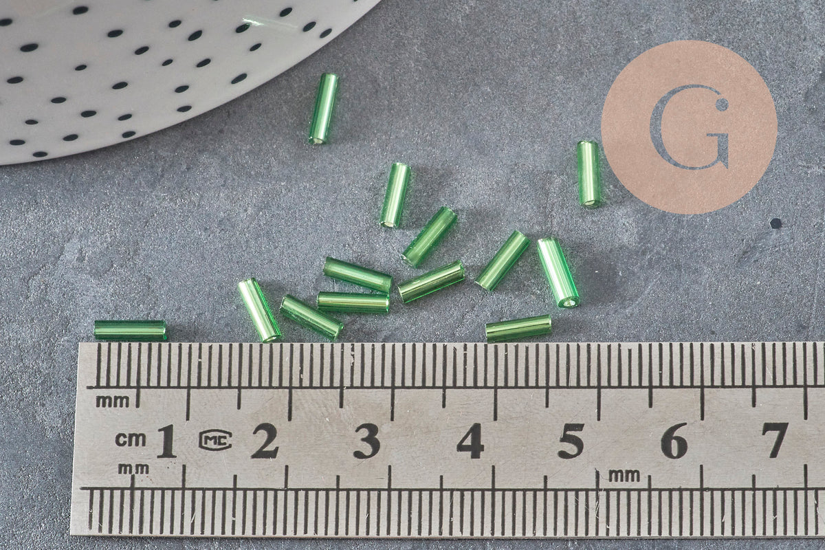 Green tube seed beads, green seed beads, metallic green beads, long tube, 6mm x 2mm, x 5gr G2691