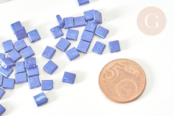 Perles rocaille carré verre rectangle bleu nuit, perle carré création bracelet, perle tila,4.5mm,2 trous, x50 (4.8GR) (G7756)
