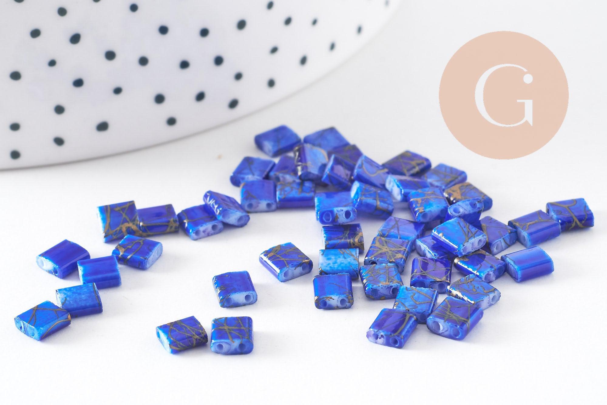 Perles rocaille carré verre rectangle bleu, façon perle tila,4.5mm/2 trous, x50 (G5476)