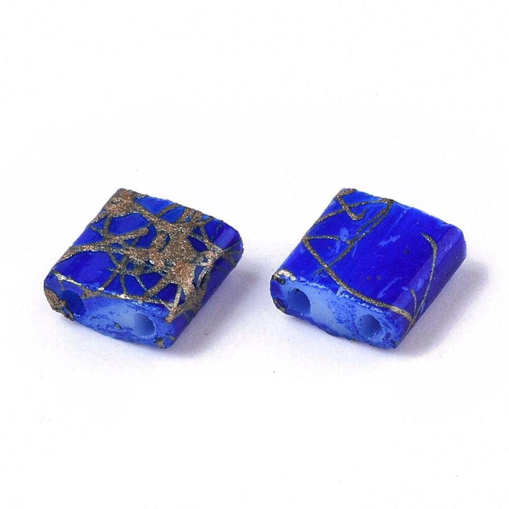 Perles rocaille carré verre rectangle bleu, façon perle tila,4.5mm/2 trous, x50 (G5476)