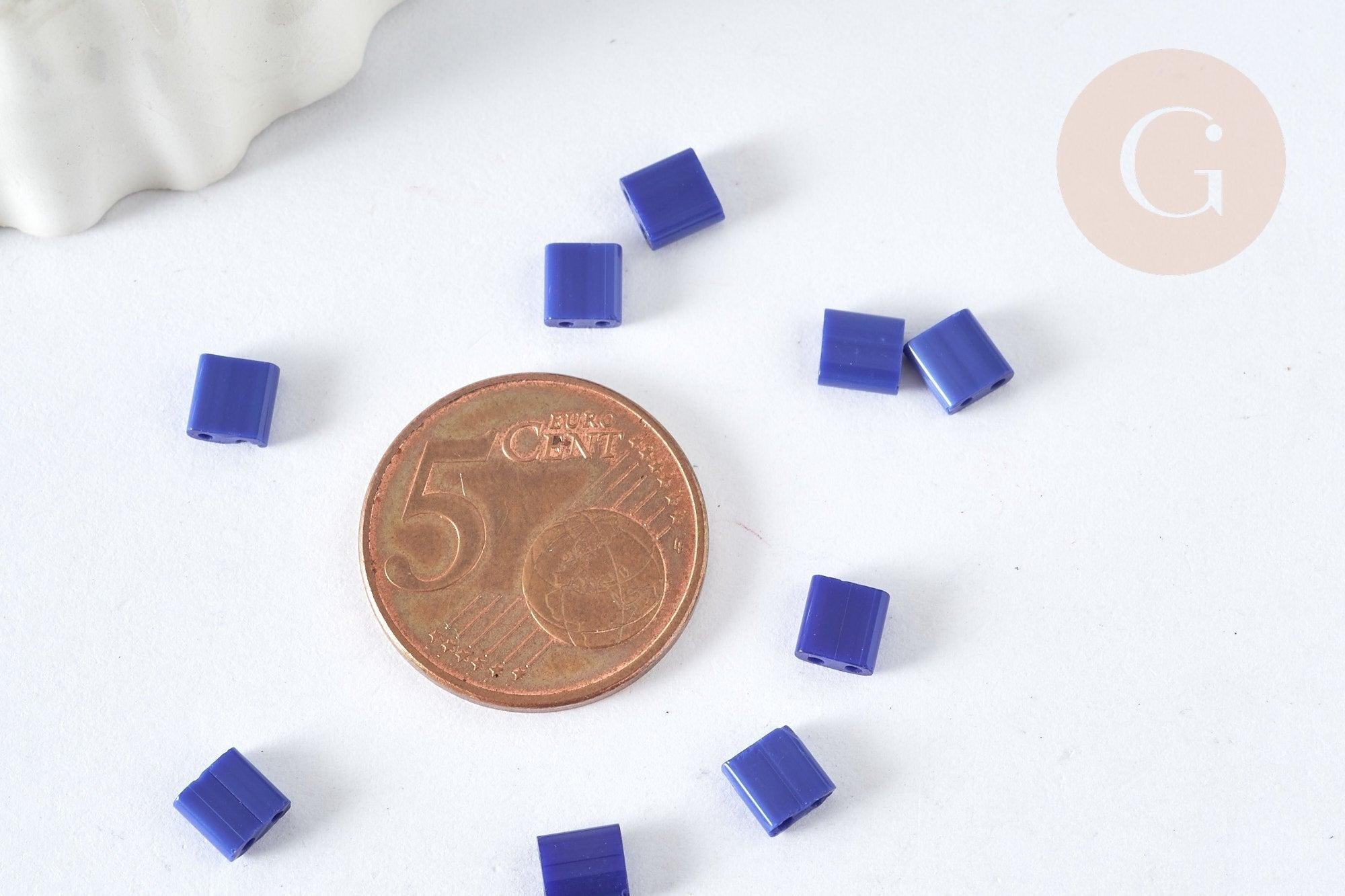 Perles rocaille carré verre rectangle bleu roi opaque,création bracelet, perle tila,4.5mm,2 trous, x50 (4.8GR) (G7488)
